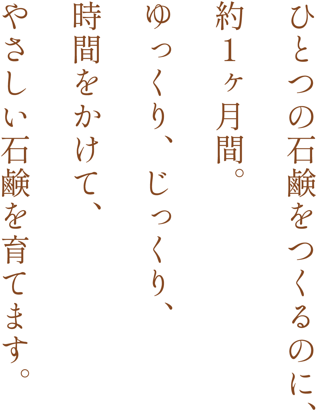 ひとつの石鹸をつくるのに、約１ヶ月間。ゆっくり、じっくり、時間をかけて、やさしい石鹸を育てます。